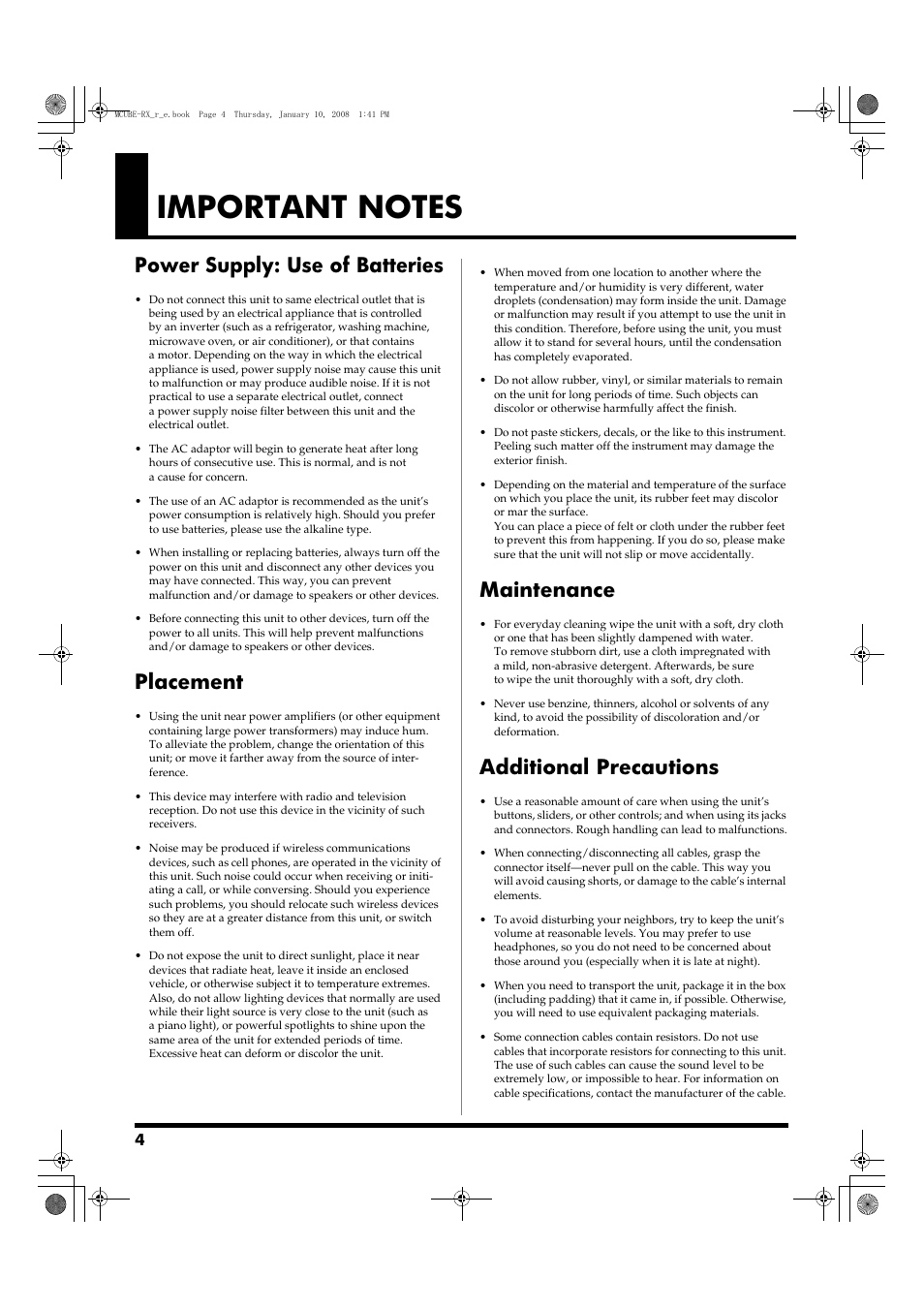 Important notes, Power supply: use of batteries, Placement | Maintenance, Additional precautions | Roland JC-120 User Manual | Page 4 / 52