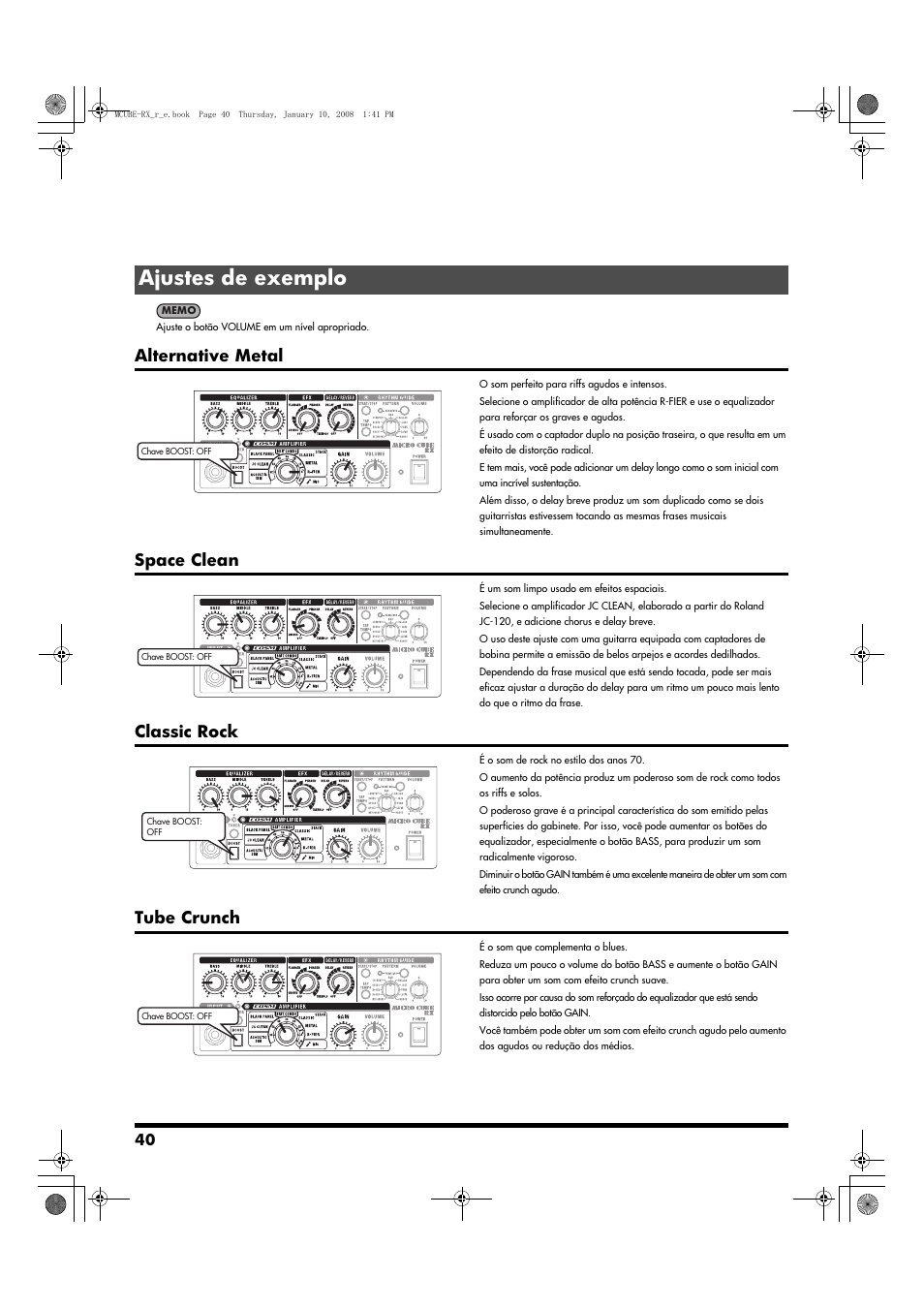 Ajustes de exemplo, Alternative metal, Space clean | Classic rock, Tube crunch | Roland JC-120 User Manual | Page 40 / 52