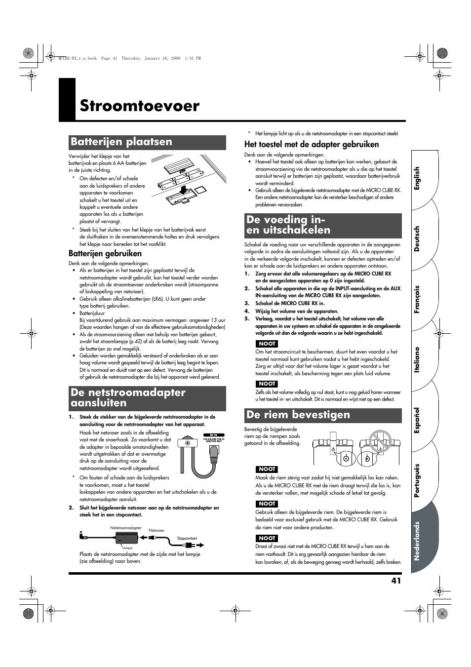 Nederlands, Stroomtoevoer, Batterijen plaatsen | De netstroomadapter aansluiten, De voeding in- en uitschakelen, De riem bevestigen, Batterijen plaatsen de netstroomadapter aansluiten, De voeding in- en uitschakelen de riem bevestigen, Batterijen gebruiken, Het toestel met de adapter gebruiken | Roland JC-120 User Manual | Page 41 / 52