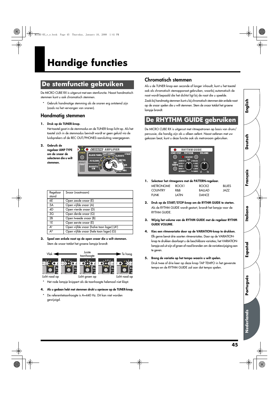 Handige functies, De stemfunctie gebruiken, De rhythm guide gebruiken | Handmatig stemmen, Chromatisch stemmen | Roland JC-120 User Manual | Page 45 / 52