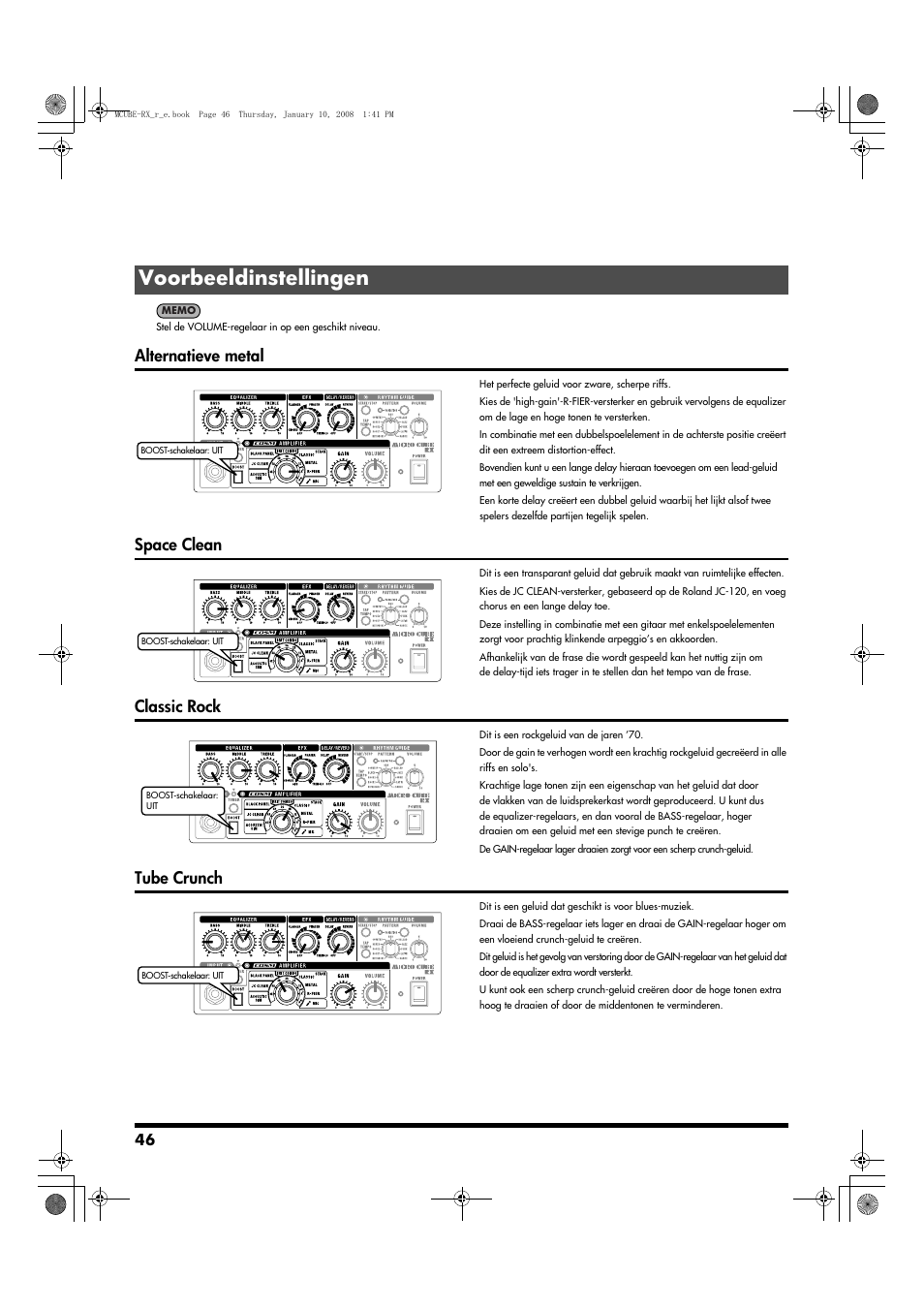 Voorbeeldinstellingen, Alternatieve metal, Space clean | Classic rock, Tube crunch | Roland JC-120 User Manual | Page 46 / 52