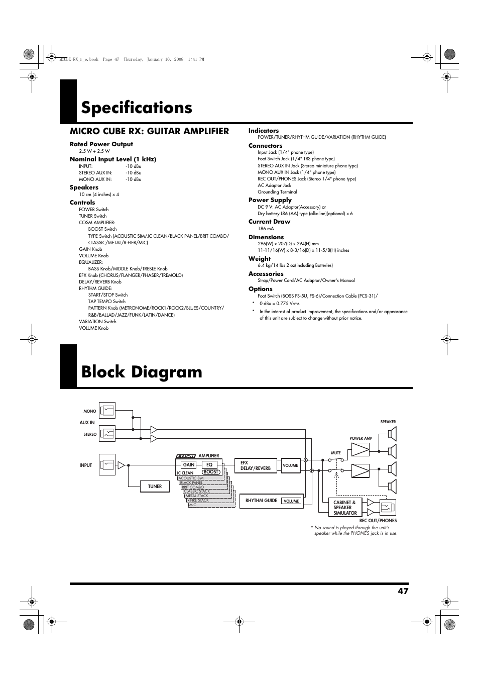 Specifications, Block diagram, Micro cube rx: guitar amplifier | Roland JC-120 User Manual | Page 47 / 52