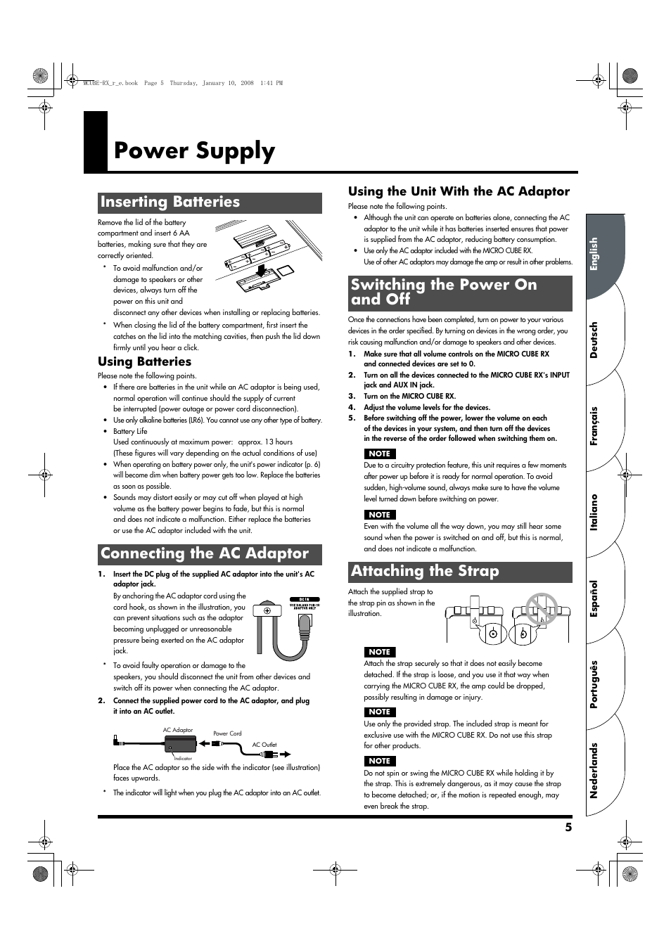 English, Power supply, Inserting batteries | Connecting the ac adaptor, Switching the power on and off, Attaching the strap, Inserting batteries connecting the ac adaptor, Switching the power on and off attaching the strap, Using batteries, Using the unit with the ac adaptor | Roland JC-120 User Manual | Page 5 / 52