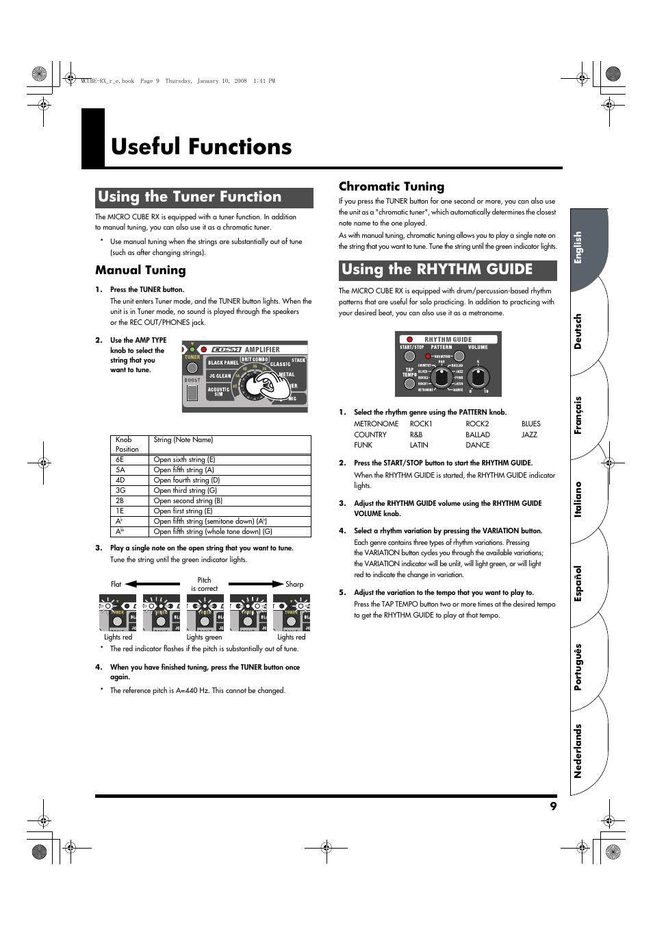 Useful functions, Using the tuner function, Using the rhythm guide | Manual tuning, Chromatic tuning | Roland JC-120 User Manual | Page 9 / 52