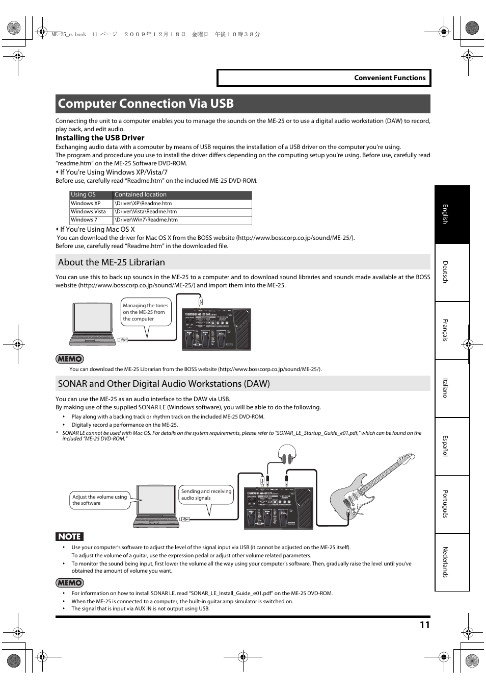 Computer connection via usb, About the me-25 librarian, Sonar and other digital audio workstations (daw) | Installing the usb driver | Roland ME-25 User Manual | Page 11 / 14