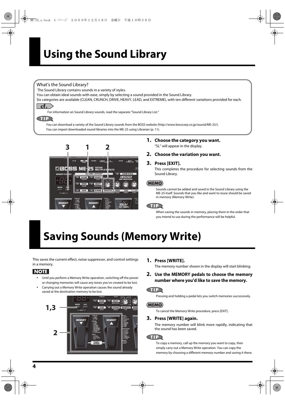 Using the sound library, Saving sounds (memory write) | Roland ME-25 User Manual | Page 4 / 14