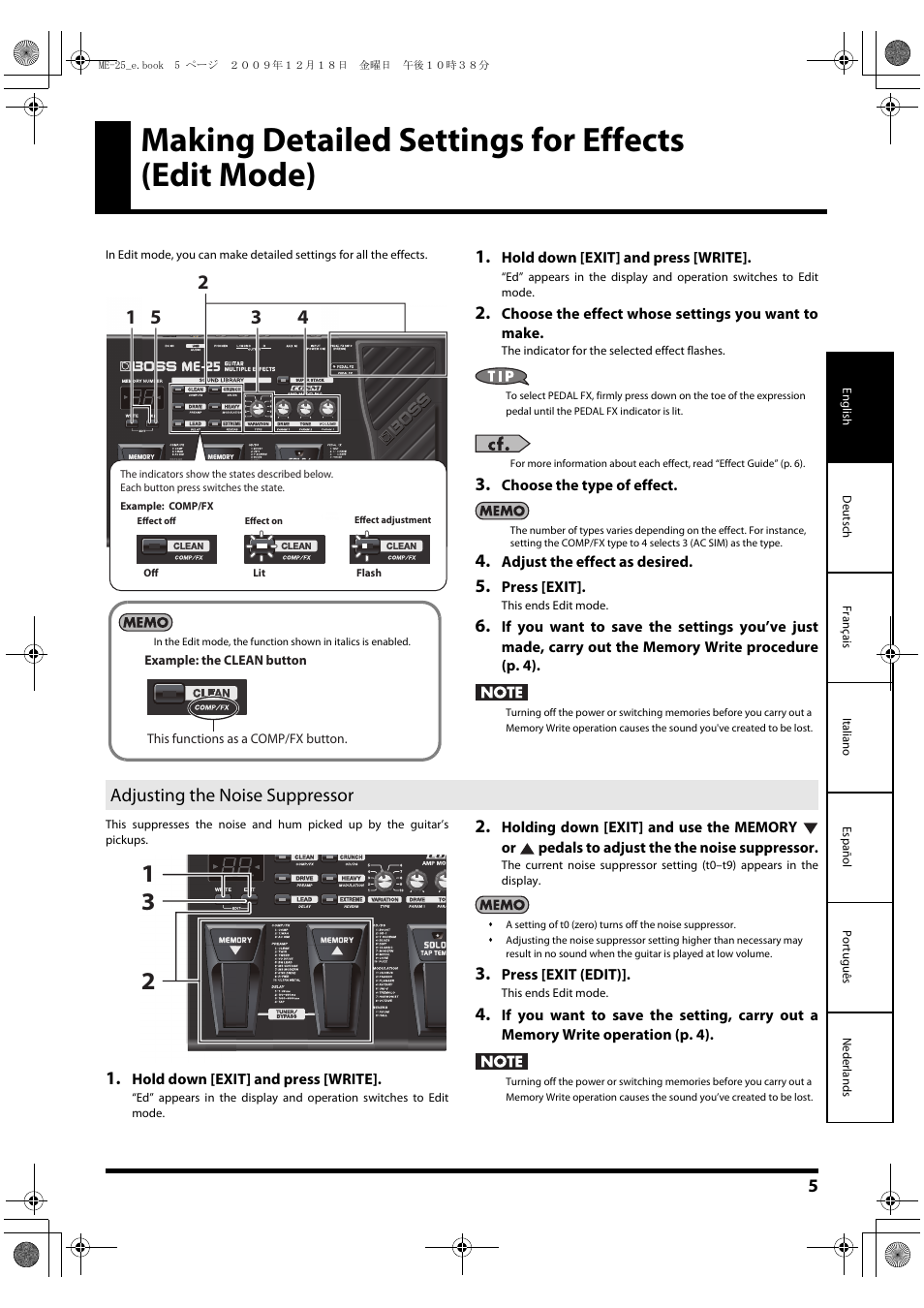 Making detailed settings for effects (edit mode), Adjusting the noise suppressor | Roland ME-25 User Manual | Page 5 / 14