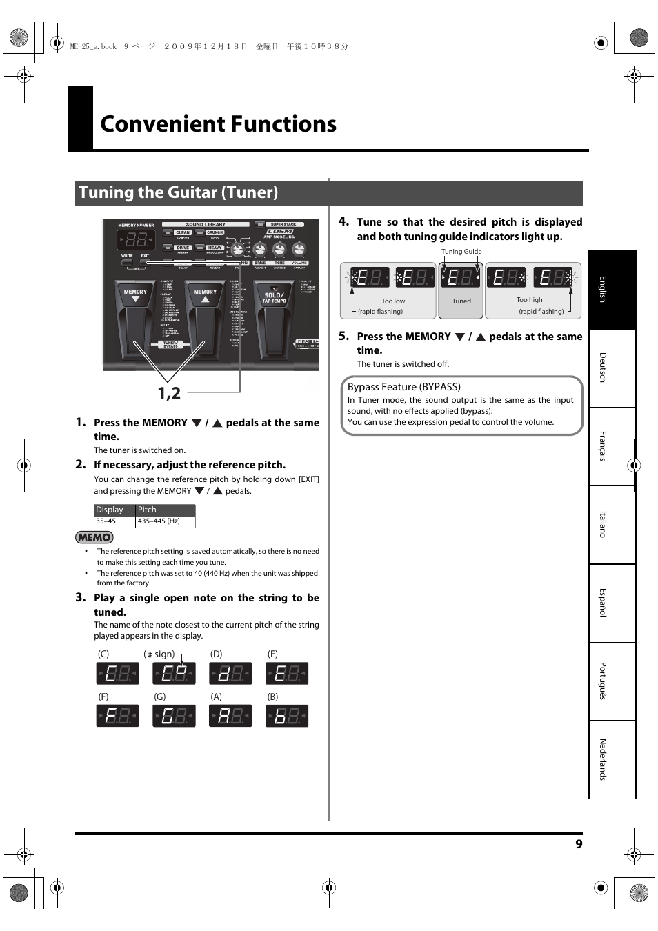 Convenient functions, Tuning the guitar (tuner) | Roland ME-25 User Manual | Page 9 / 14