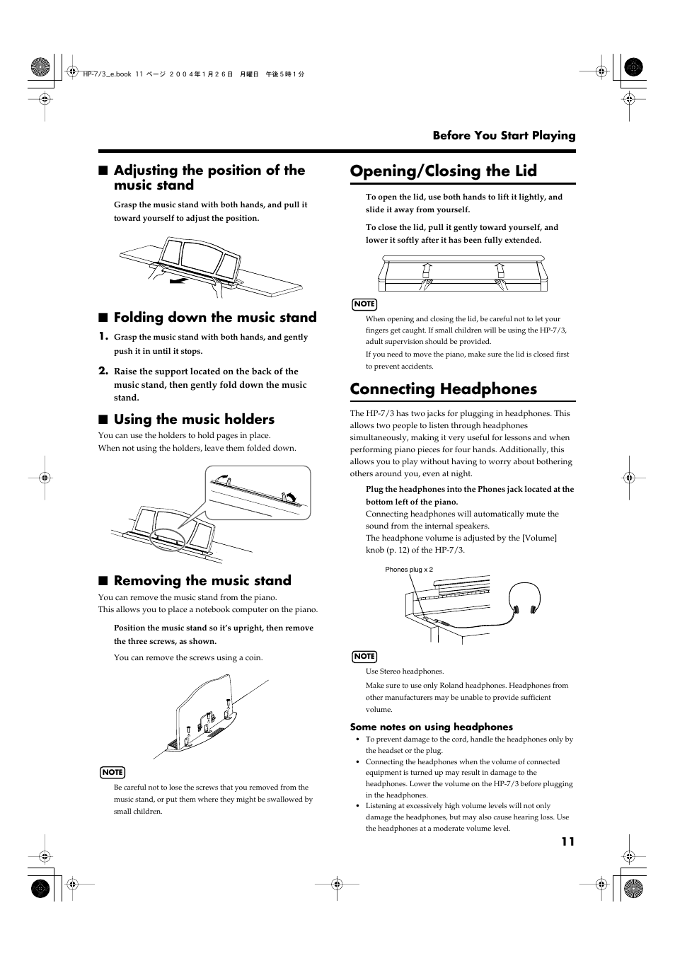 Adjusting the position of the music stand, Folding down the music stand, Using the music holders | Removing the music stand, Opening/closing the lid, Connecting headphones | Roland HP-7/3 User Manual | Page 11 / 52