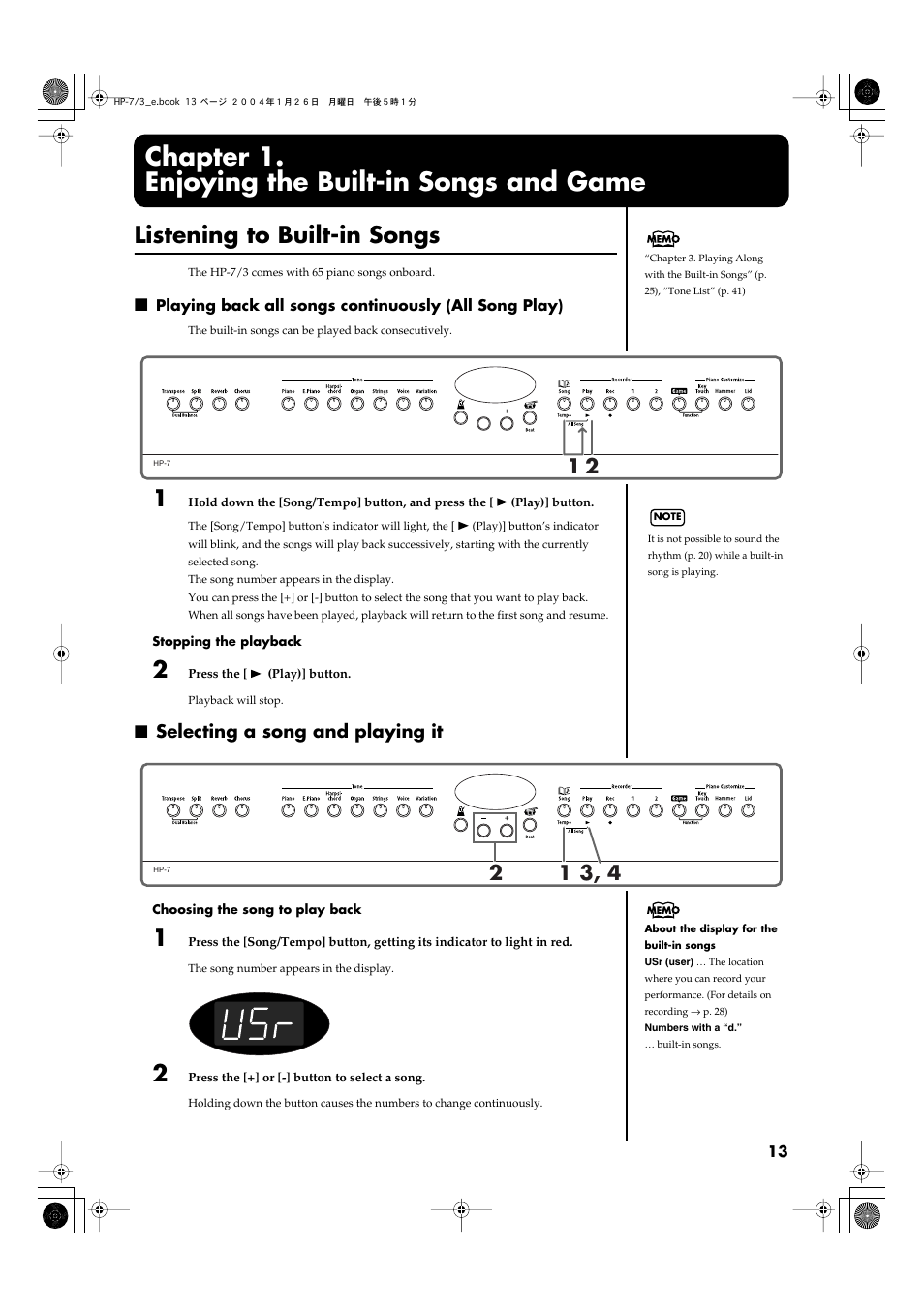 Chapter 1. enjoying the built-in songs and game, Listening to built-in songs, Selecting a song and playing it | Chapter 1, Enjoying the built-in songs and game, Performances (p. 13, p. 25) | Roland HP-7/3 User Manual | Page 13 / 52