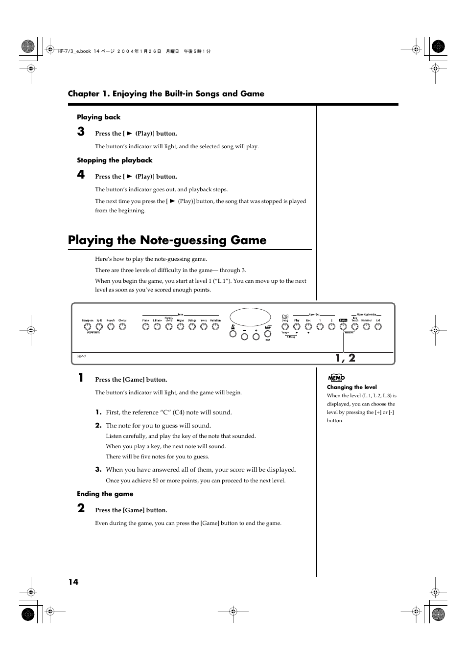 Playing the note-guessing game, Lets you enjoy a note-guessing game (p. 14) | Roland HP-7/3 User Manual | Page 14 / 52