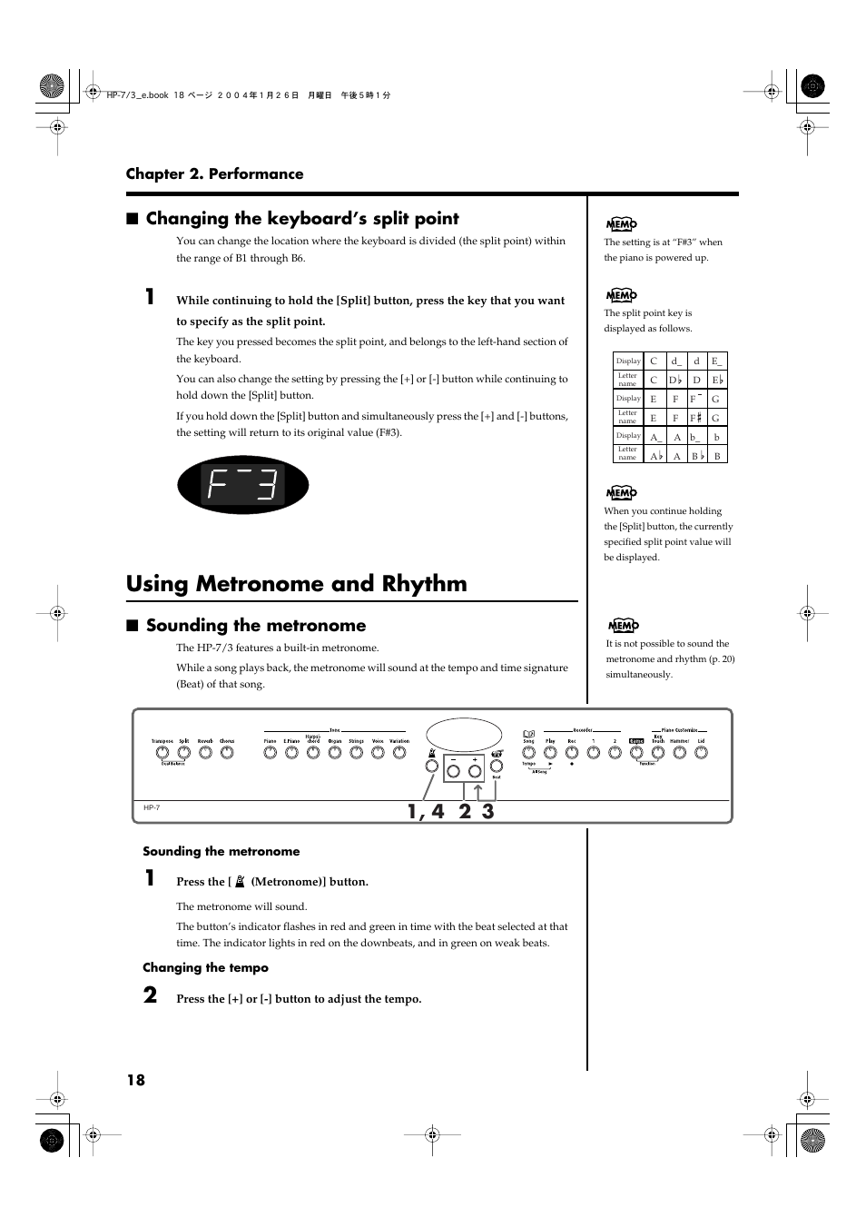 Changing the keyboard’s split point, Using metronome and rhythm, Sounding the metronome | Turns the metronome on/off (p. 18) | Roland HP-7/3 User Manual | Page 18 / 52