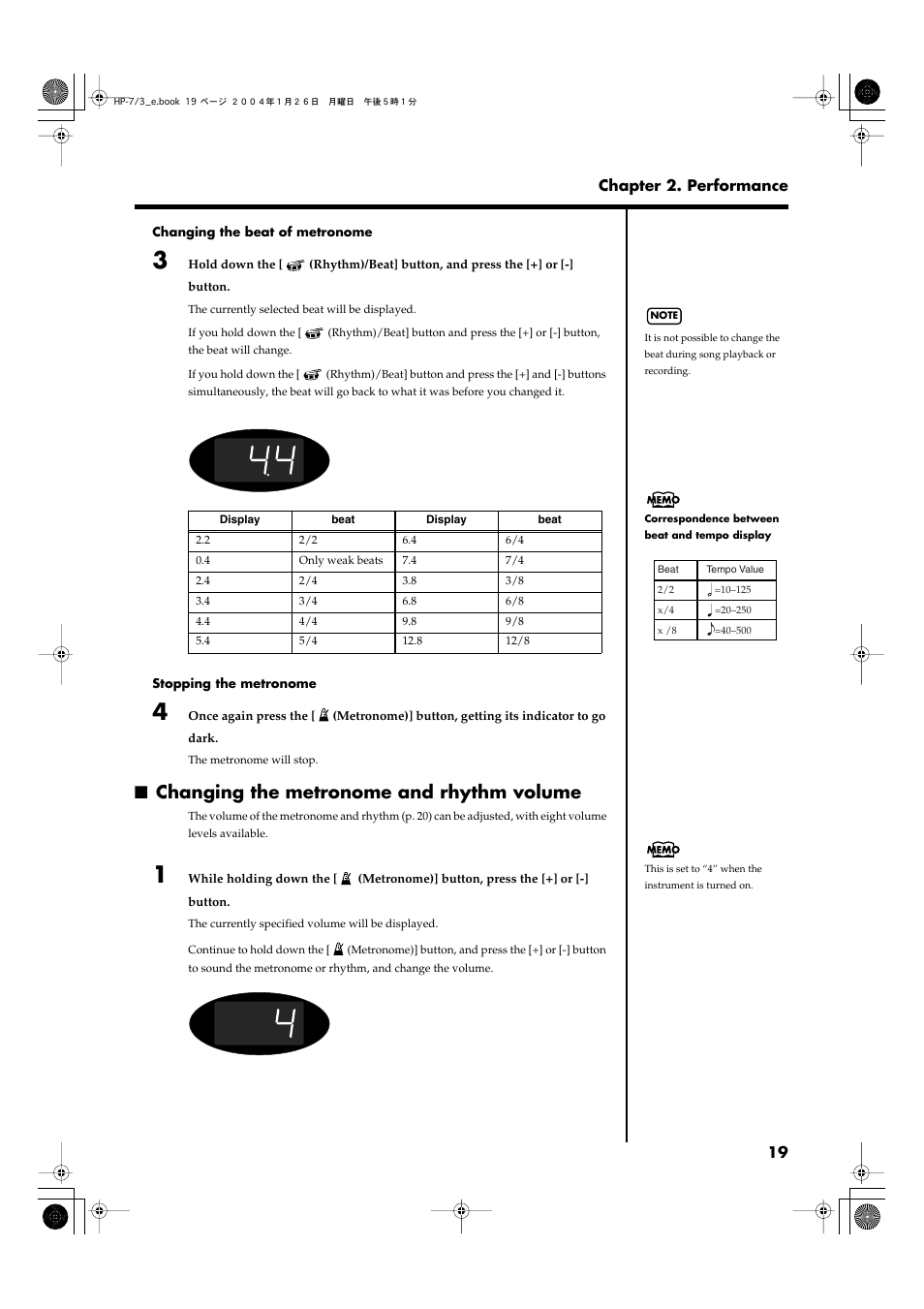 Changing the metronome and rhythm volume, The time signature (beat) (p. 19, p. 20) | Roland HP-7/3 User Manual | Page 19 / 52