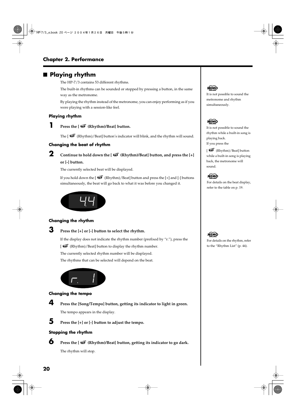 Playing rhythm, Rhythm (p. 20) while a built-in | Roland HP-7/3 User Manual | Page 20 / 52