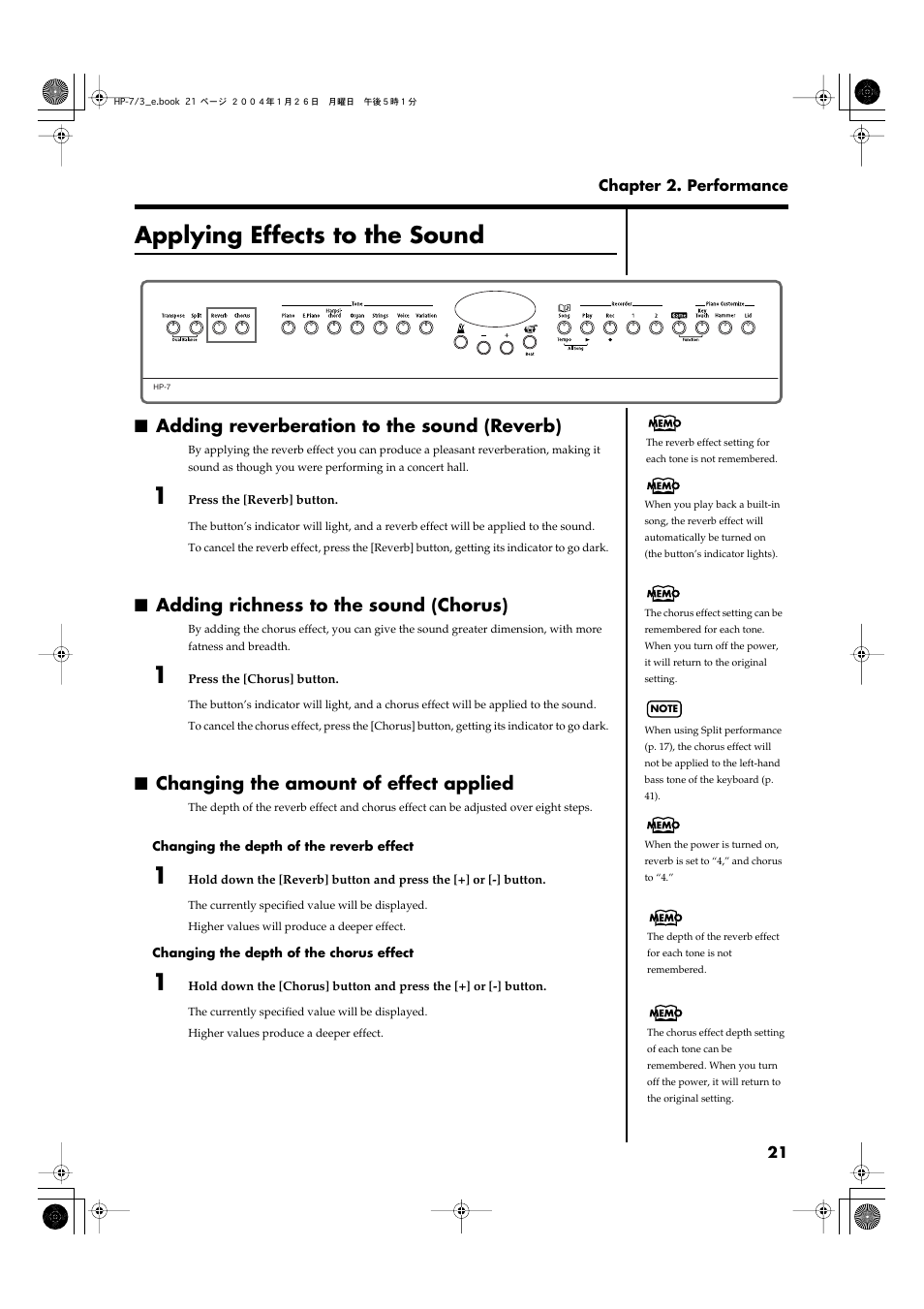 Applying effects to the sound, Adding reverberation to the sound (reverb), Adding richness to the sound (chorus) | Changing the amount of effect applied, Adds reverberation to the sound (p. 21), Adds richness to the sound (p. 21) | Roland HP-7/3 User Manual | Page 21 / 52