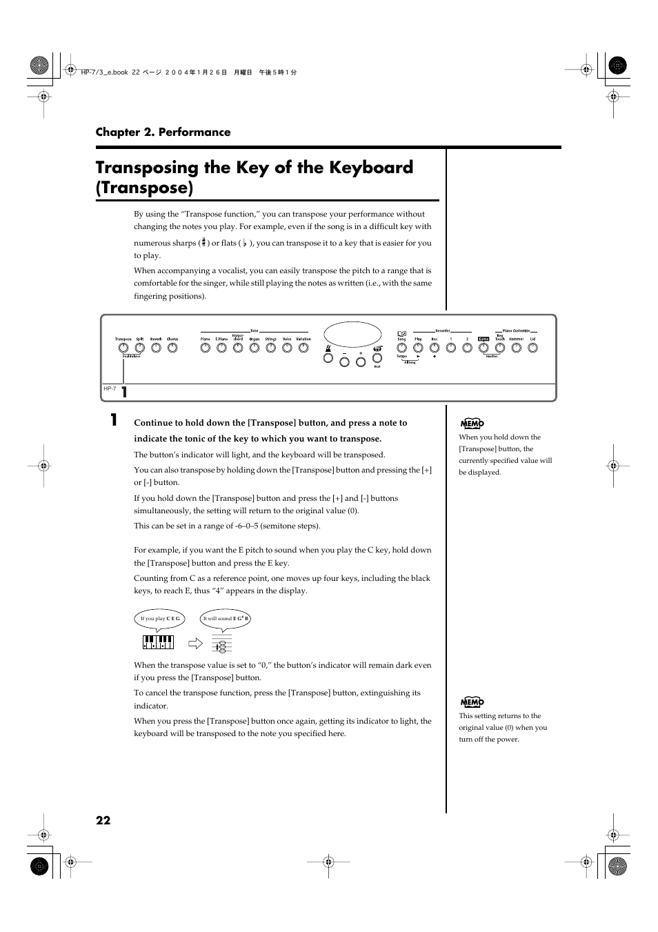 Transposing the key of the keyboard (transpose), Transposes the pitch of the keyboard (p. 22) | Roland HP-7/3 User Manual | Page 22 / 52