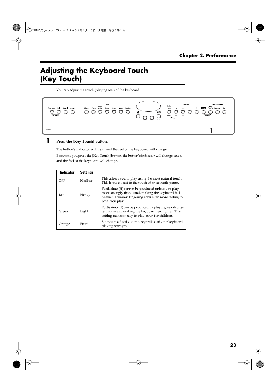 Adjusting the keyboard touch (key touch), Modifies the playing feel of the keyboard (p. 23) | Roland HP-7/3 User Manual | Page 23 / 52