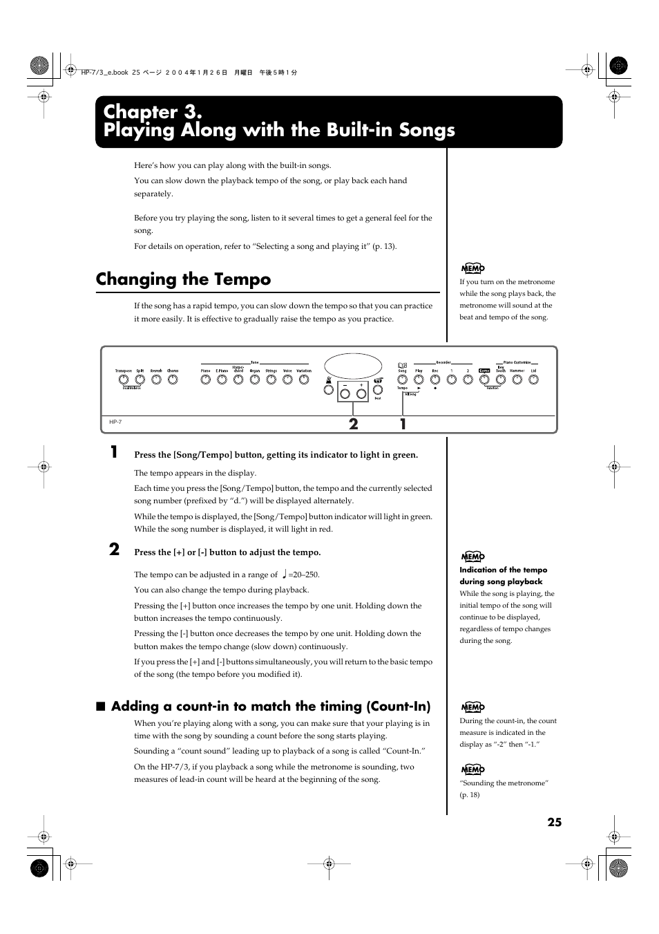 Chapter 3. playing along with the built-in songs, Changing the tempo, Adding a count-in to match the timing (count-in) | Chapter 3, Playing along with the built-in songs, Adding a count-in to match the timing (count in), Chapter 3. playing along, With the built-in songs” (p | Roland HP-7/3 User Manual | Page 25 / 52