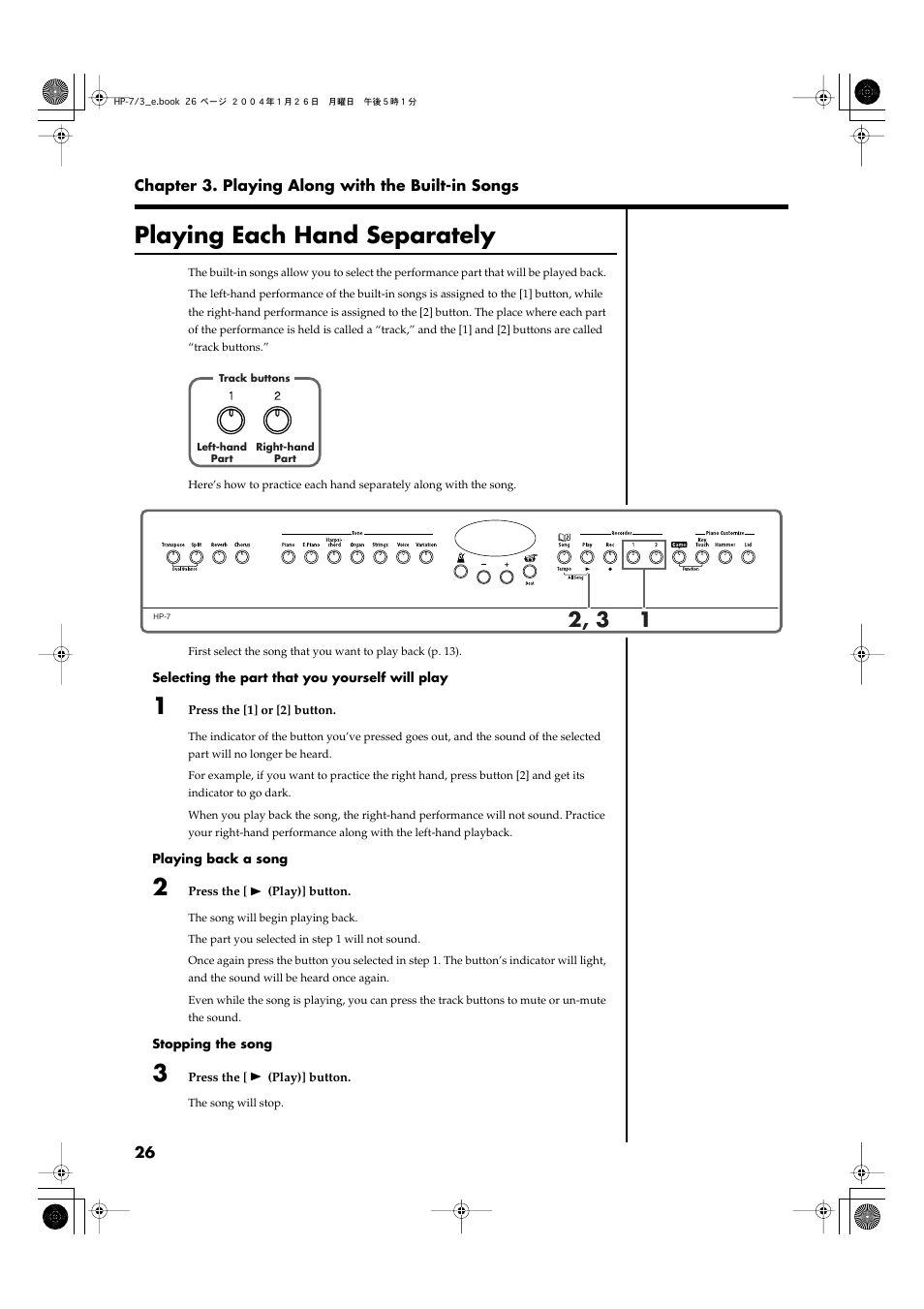 Playing each hand separately, P. 26, p. 30–p. 32) | Roland HP-7/3 User Manual | Page 26 / 52