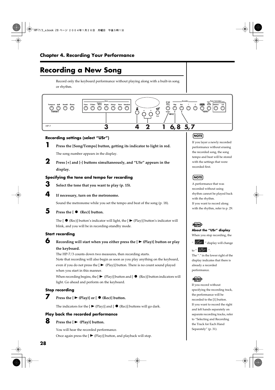 Recording a new song, P. 28), Recording a new song” (p. 28)) | Roland HP-7/3 User Manual | Page 28 / 52