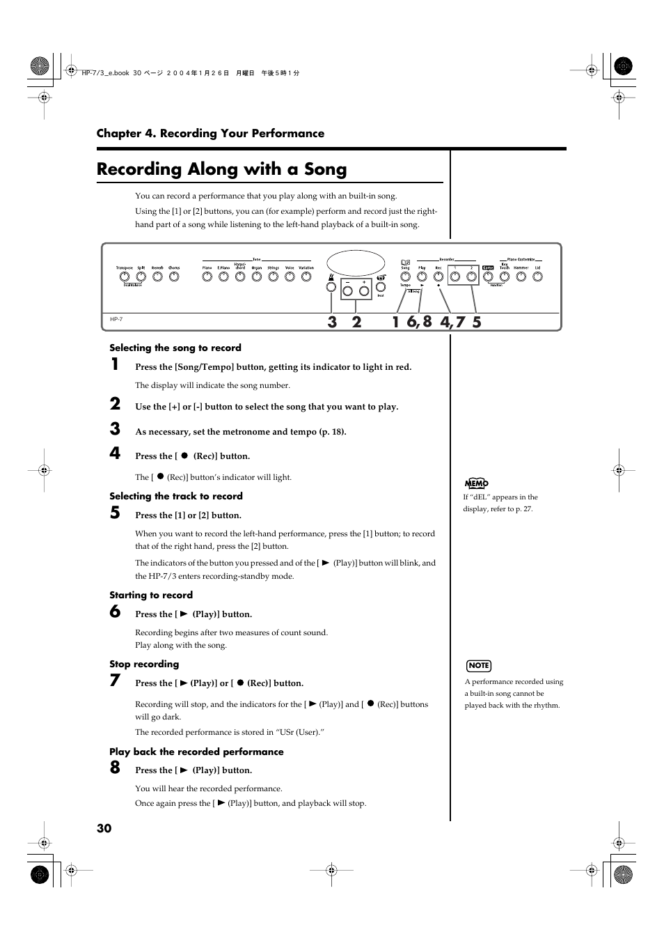 Recording along with a song, Recording along with a song” (p. 30)) | Roland HP-7/3 User Manual | Page 30 / 52