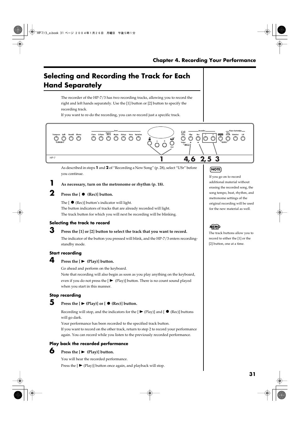 Selecting and recording the track for each, Hand separately” (p. 31)), To “selecting and recording | The track for each hand, Separately” (p. 31) | Roland HP-7/3 User Manual | Page 31 / 52