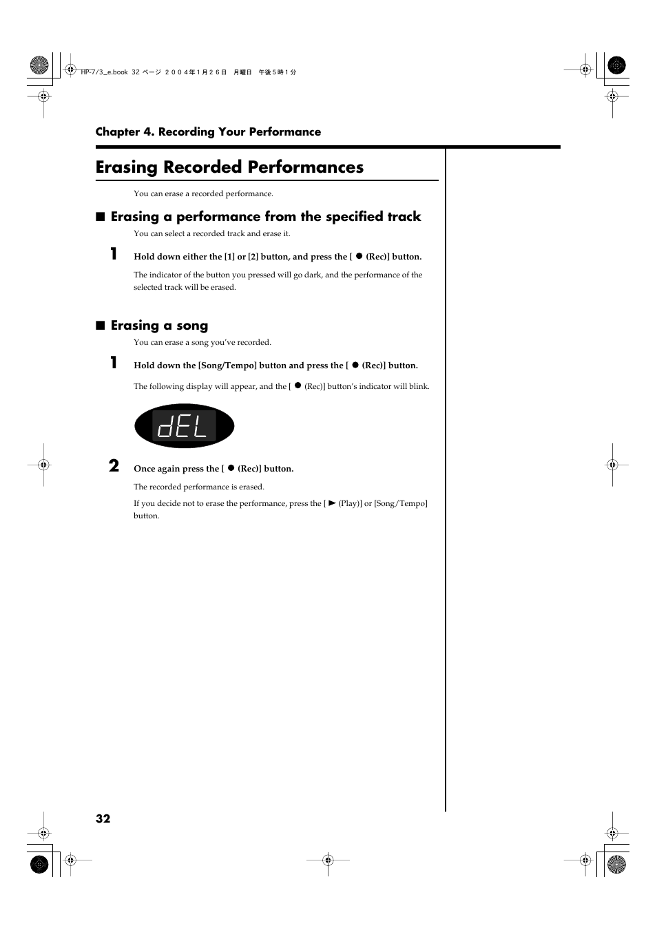 Erasing recorded performances, Erasing a performance from the specified track, Erasing a song | Roland HP-7/3 User Manual | Page 32 / 52