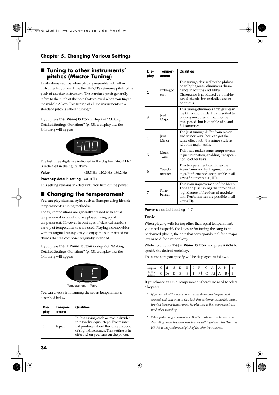 Changing the temperament, P. 34, 34 chapter 5. changing various settings | Roland HP-7/3 User Manual | Page 34 / 52