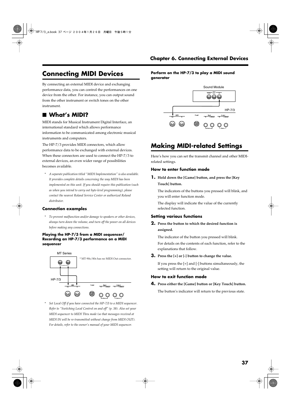 Connecting midi devices, What’s midi, Making midi-related settings | P. 37), 37 chapter 6. connecting external devices | Roland HP-7/3 User Manual | Page 37 / 52