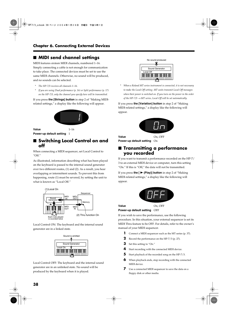 Midi send channel settings, Switching local control on and off, Transmitting a performance you recorded | P. 38, 38 chapter 6. connecting external devices | Roland HP-7/3 User Manual | Page 38 / 52