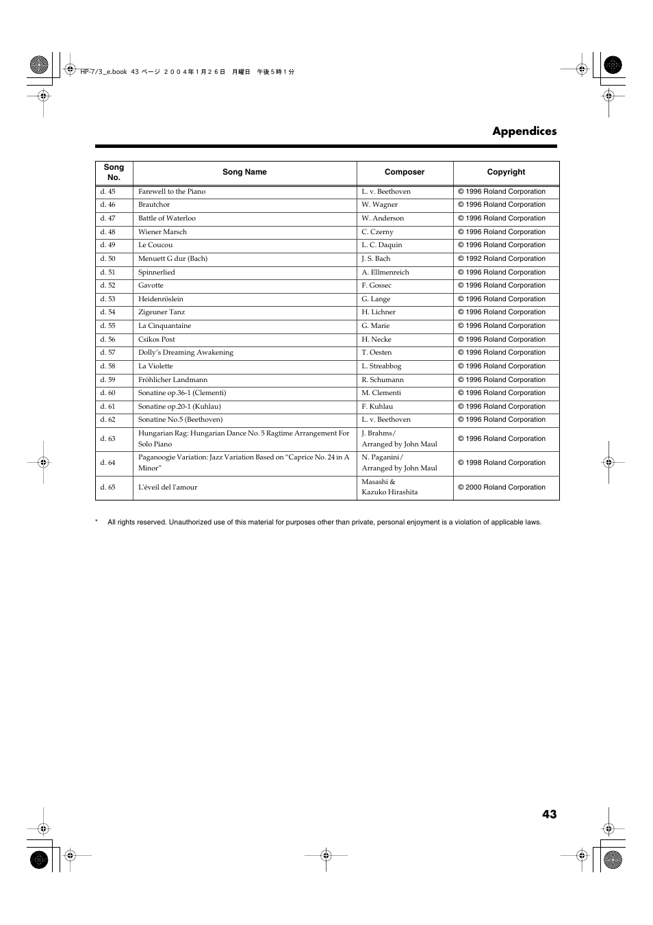 43 appendices | Roland HP-7/3 User Manual | Page 43 / 52