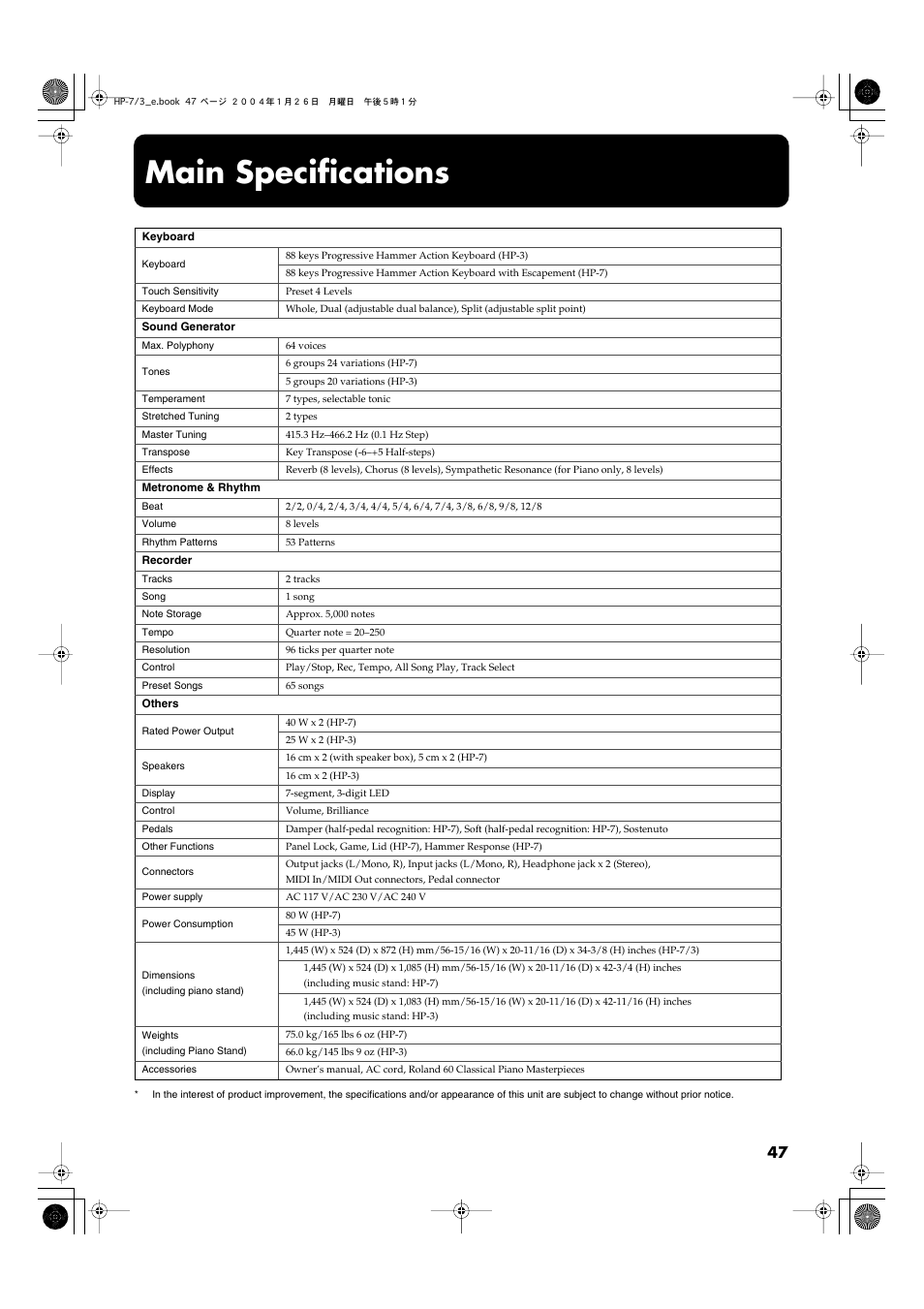 Main specifications | Roland HP-7/3 User Manual | Page 47 / 52