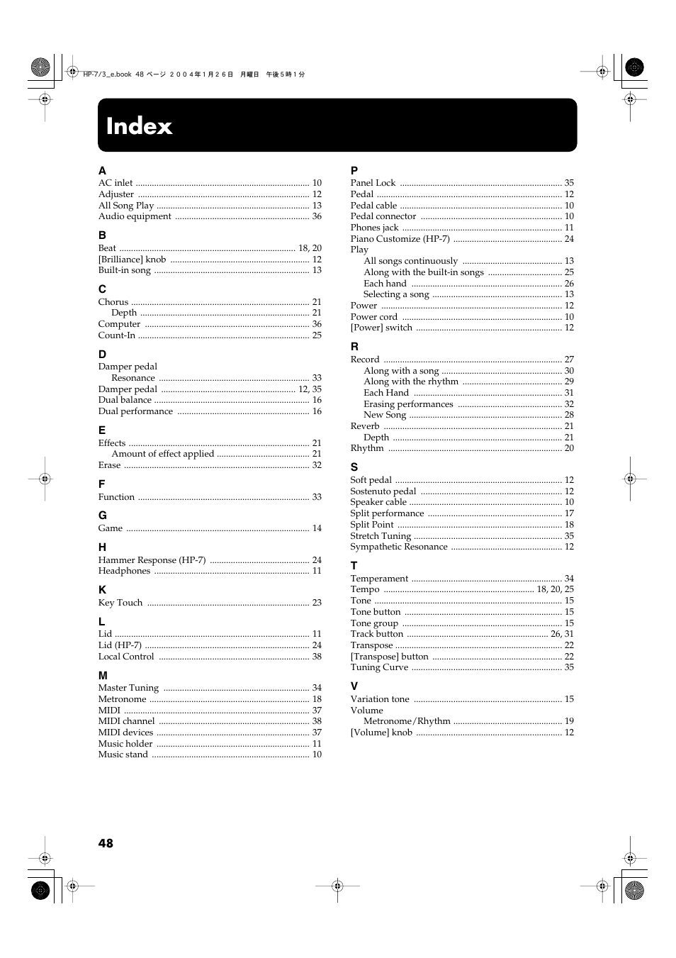 Index | Roland HP-7/3 User Manual | Page 48 / 52