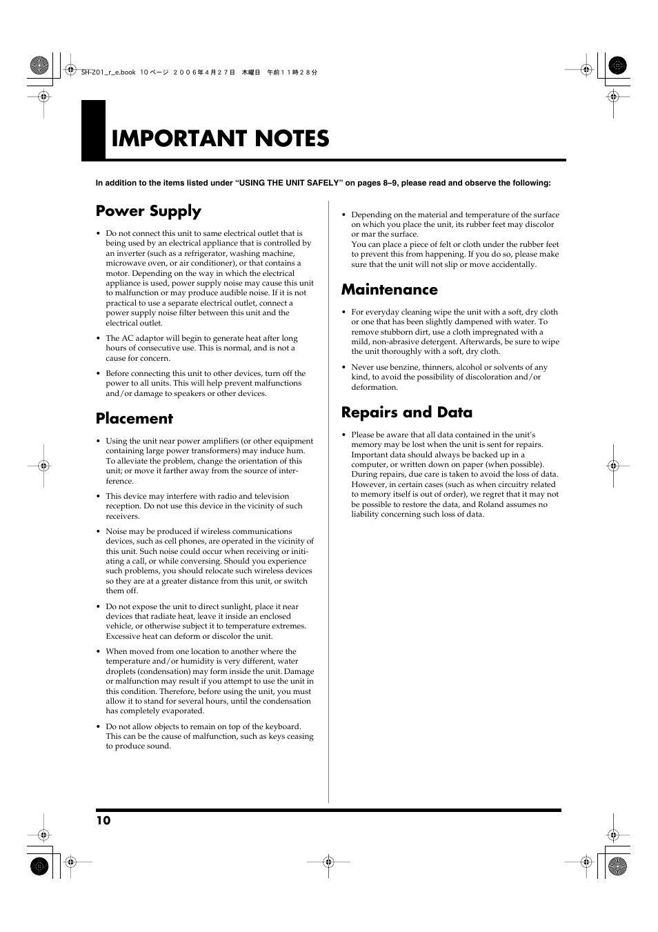 Important notes, Power supply, Placement | Maintenance, Repairs and data | Roland SH-201 User Manual | Page 10 / 84