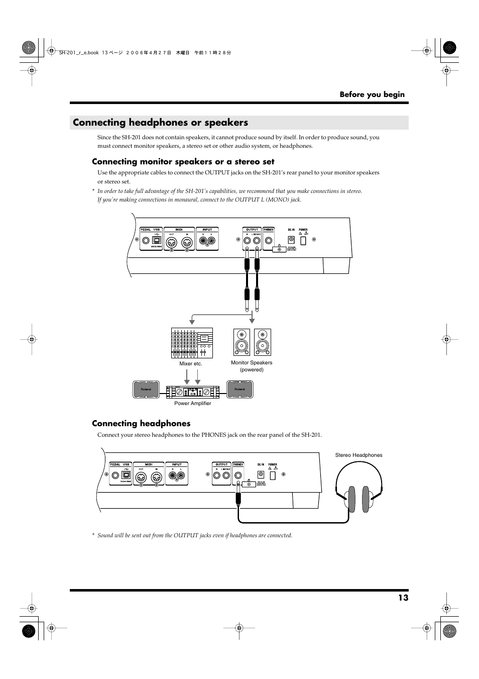 Connecting headphones or speakers, Phones jack (p. 13), Output jacks (p. 13) | Roland SH-201 User Manual | Page 13 / 84