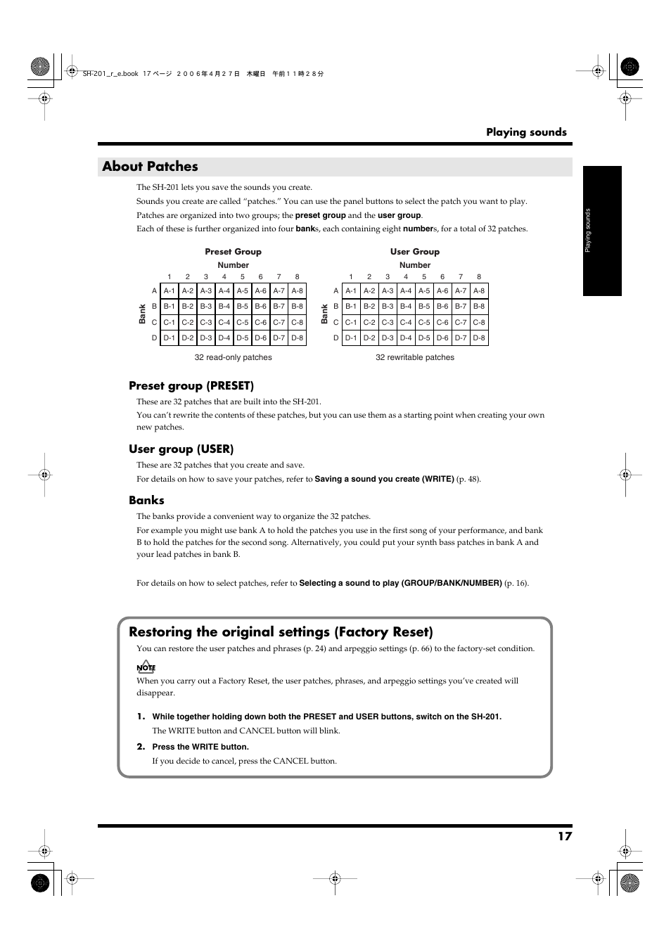 About patches, Restoring the original settings (factory reset), Preset group (preset) | User group (user), Banks | Roland SH-201 User Manual | Page 17 / 84