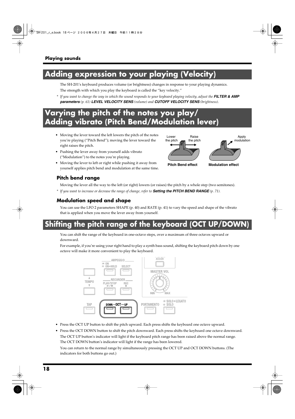 Adding expression to your playing (velocity), Oct up/down buttons (p. 18), Pitch bend/modulation lever (p. 18) | Roland SH-201 User Manual | Page 18 / 84