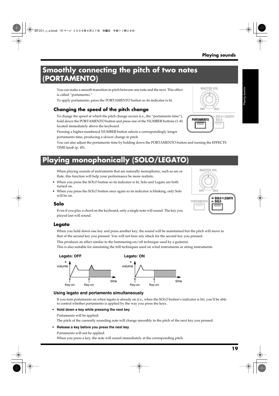 Playing monophonically (solo/legato), Portamento button (p. 19), Solo/legato button (p. 19) | Roland SH-201 User Manual | Page 19 / 84