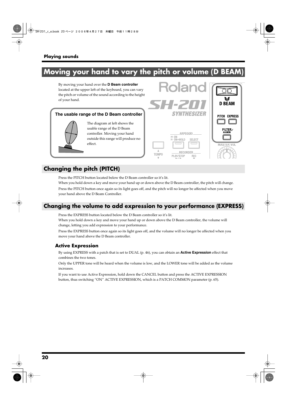 Changing the pitch (pitch), D beam (p. 20) | Roland SH-201 User Manual | Page 20 / 84