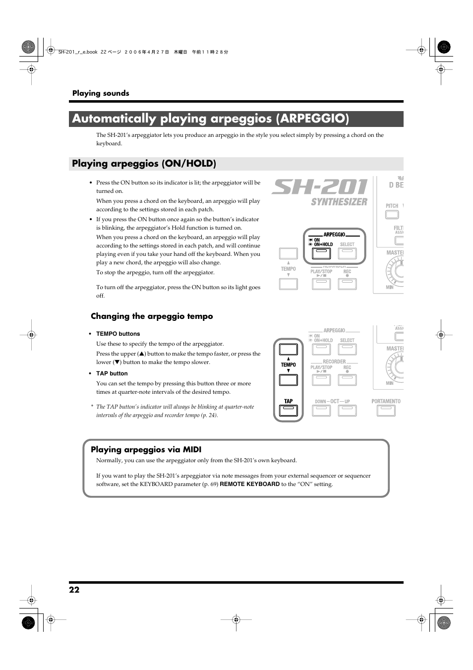 Automatically playing arpeggios (arpeggio), Playing arpeggios (on/hold), Arpeggio (p. 22) | Roland SH-201 User Manual | Page 22 / 84