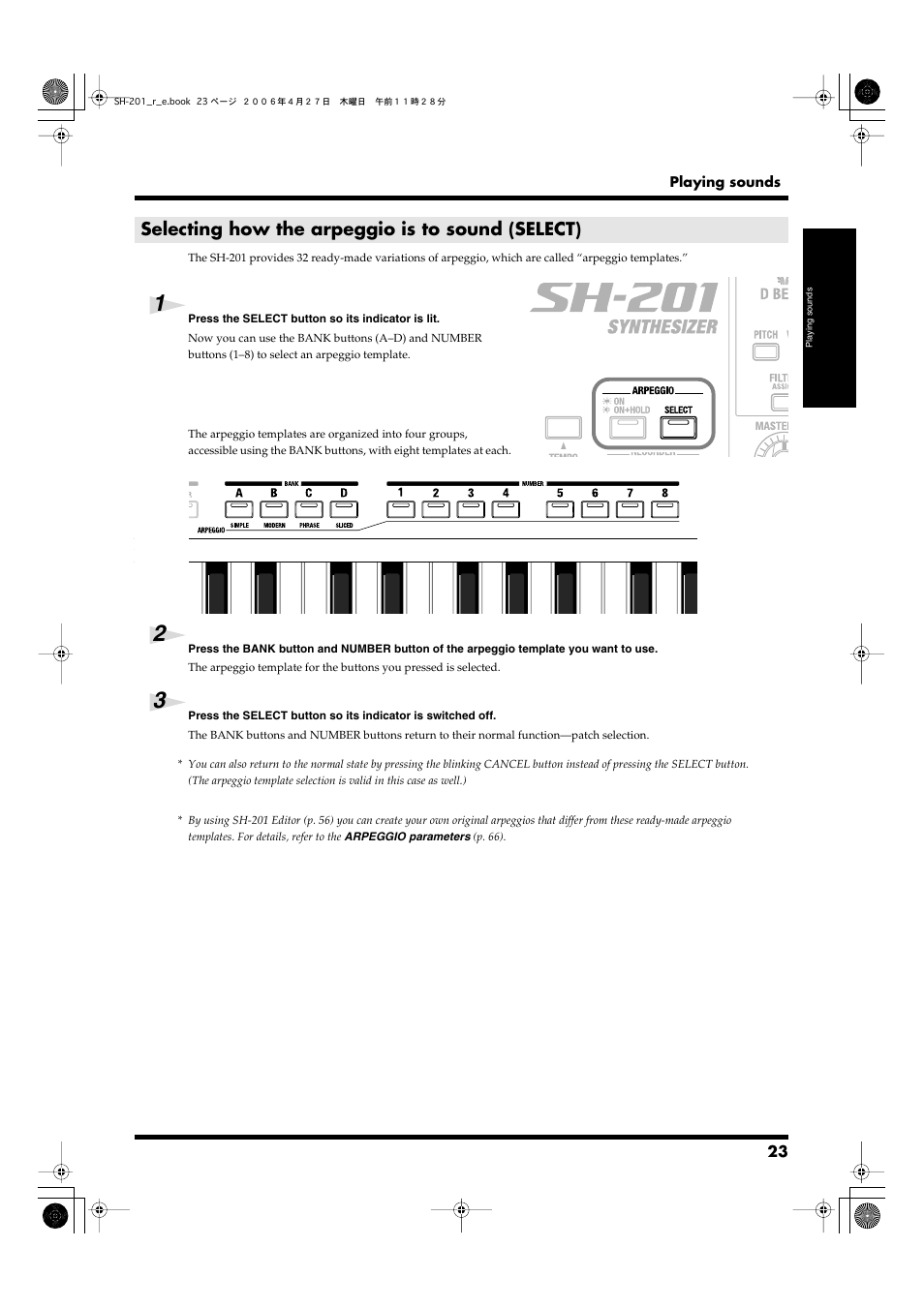 Selecting how the arpeggio is to sound (select), Buttons will select an arpeggio template (p. 23) | Roland SH-201 User Manual | Page 23 / 84