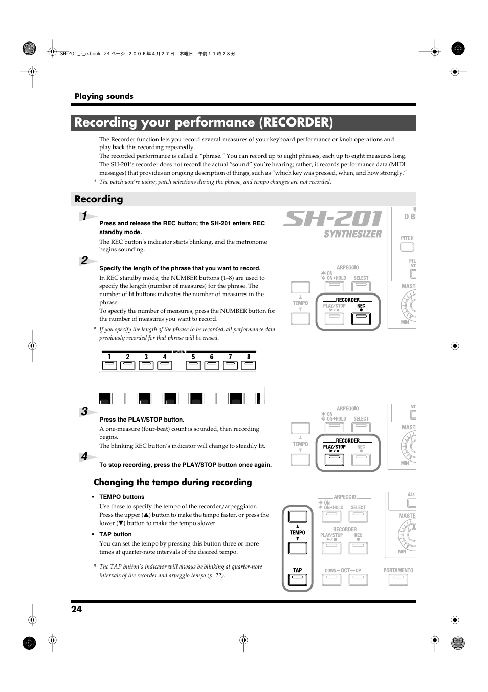 Recording your performance (recorder), Recording, Recorder (p. 24) | Roland SH-201 User Manual | Page 24 / 84