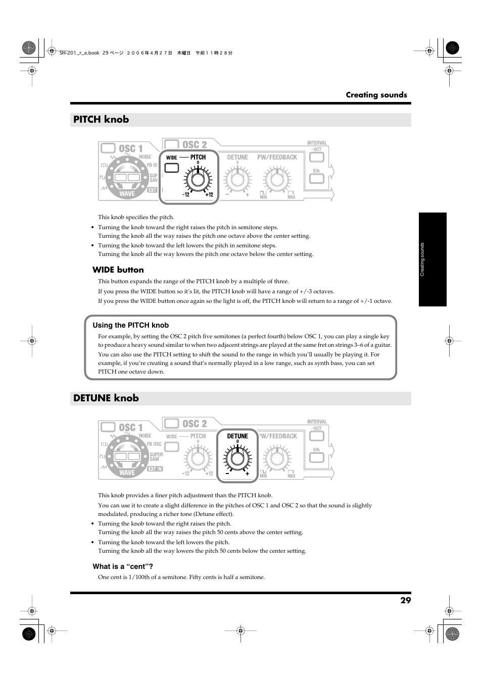 Pitch knob, Detune knob, Pitch knob detune knob | Roland SH-201 User Manual | Page 29 / 84
