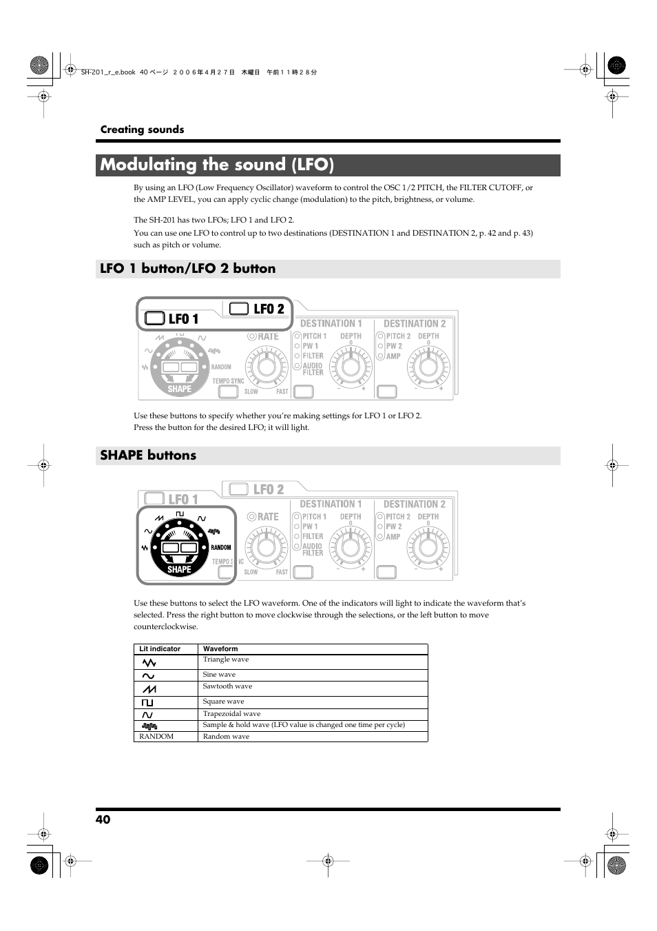 Modulating the sound (lfo), Lfo 1 button/lfo 2 button, Shape buttons | Lfo 1/lfo 2 (p. 40), Lfo 1 button/lfo 2 button shape buttons | Roland SH-201 User Manual | Page 40 / 84