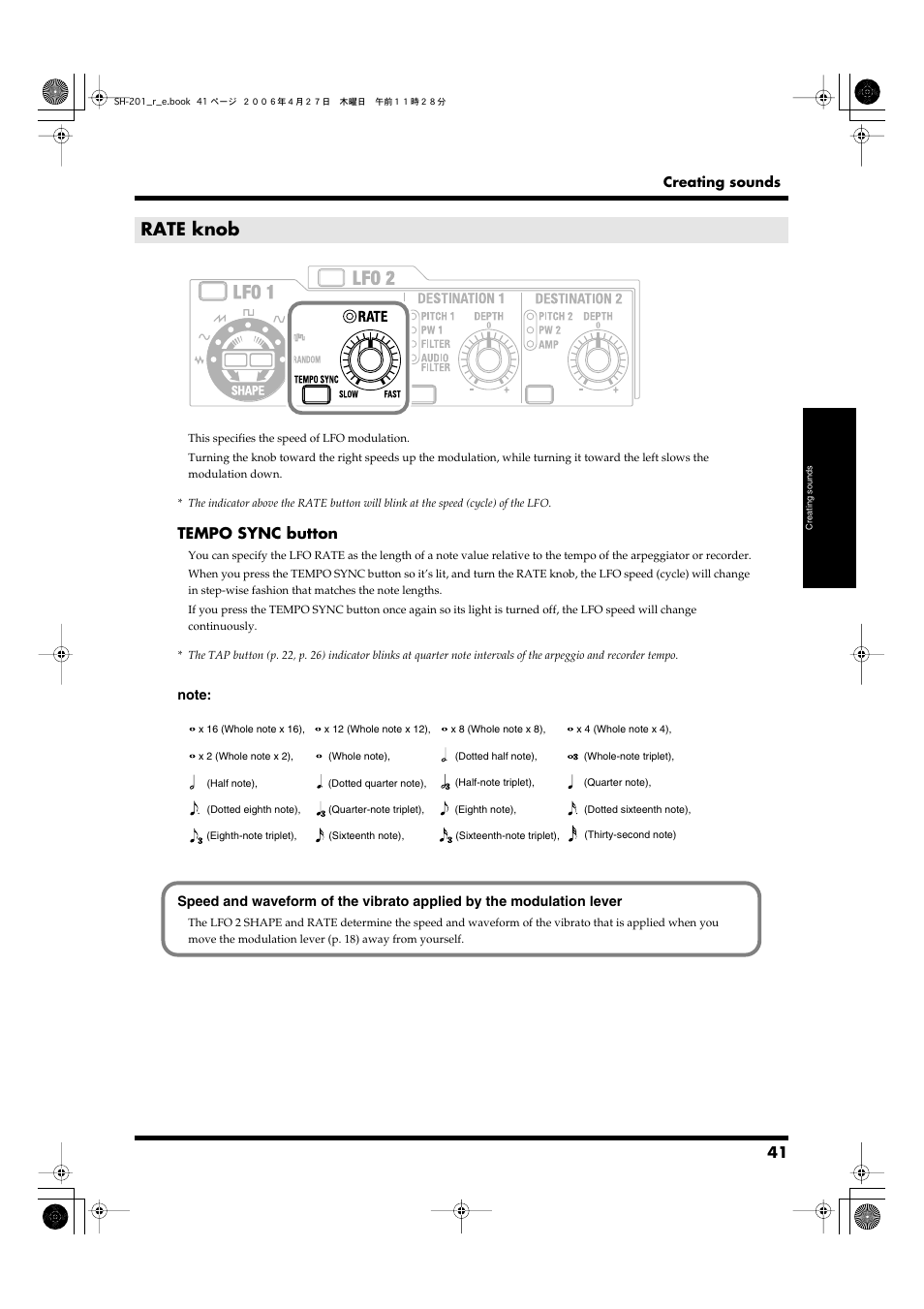 Rate knob, Tempo sync button | Roland SH-201 User Manual | Page 41 / 84