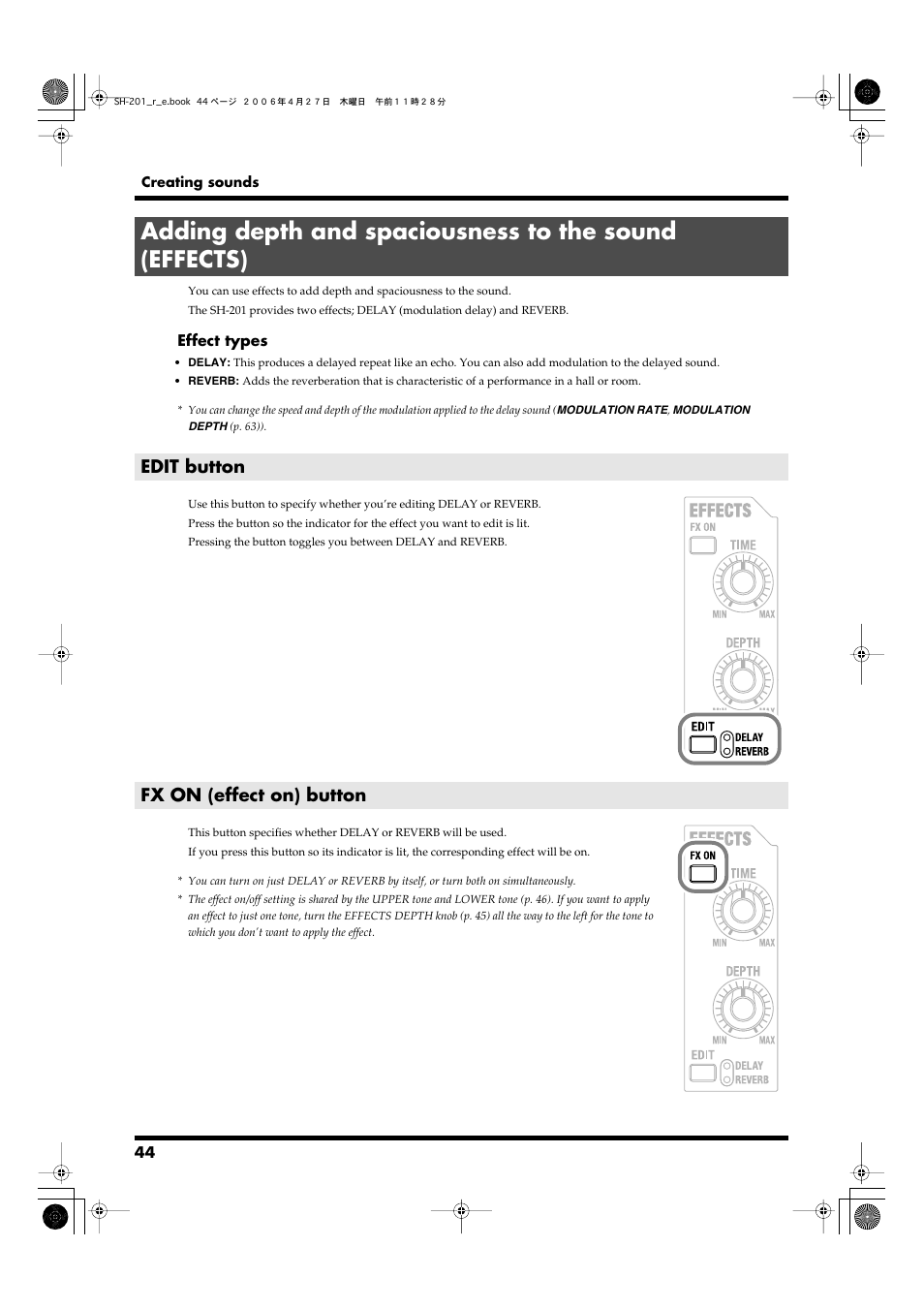 Edit button, Fx on (effect on) button, P. 44) | Edit button fx on (effect on) button | Roland SH-201 User Manual | Page 44 / 84