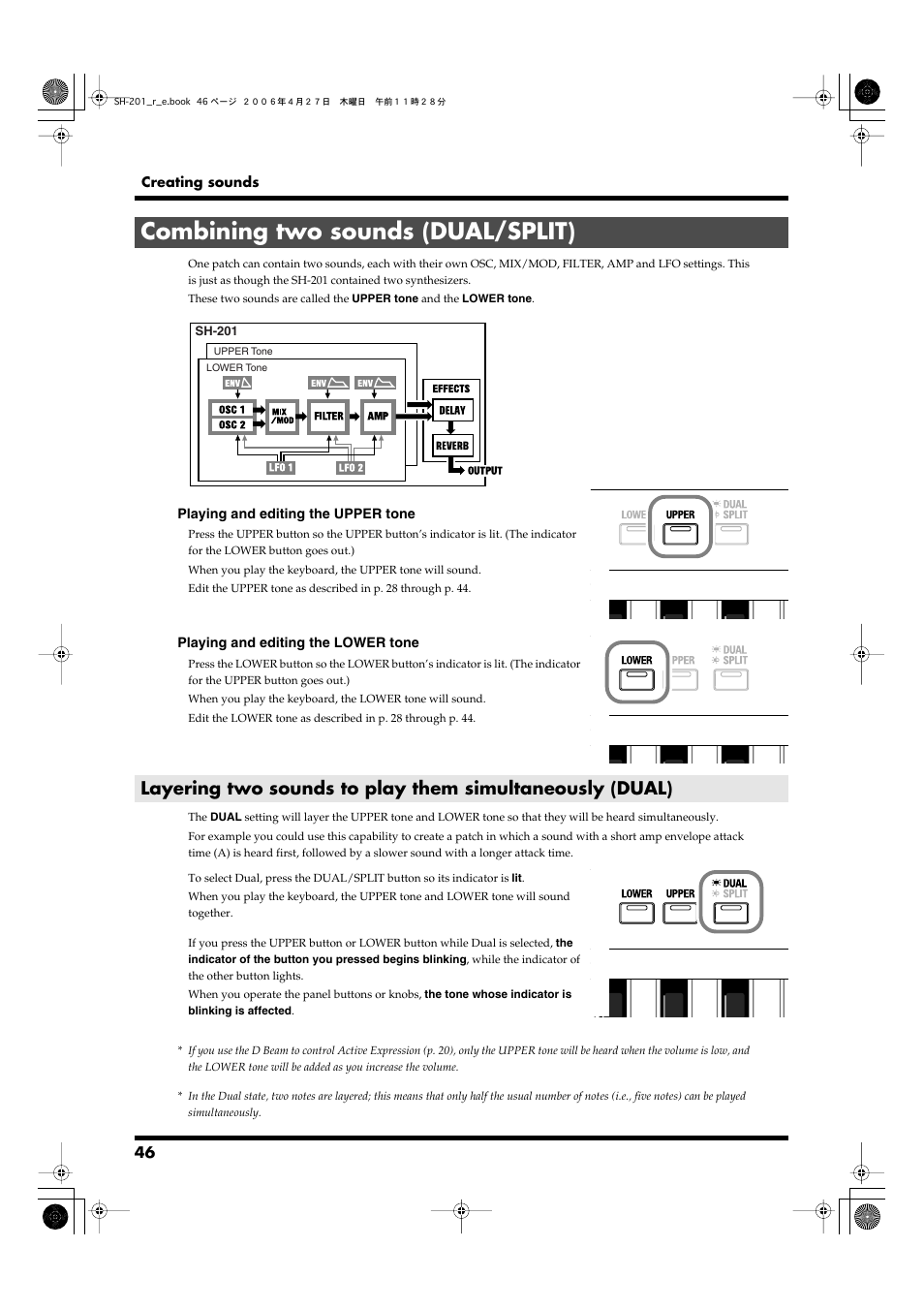 Combining two sounds (dual/split), Dual/split button (p. 46), Upper button/lower button (p. 46) | Roland SH-201 User Manual | Page 46 / 84