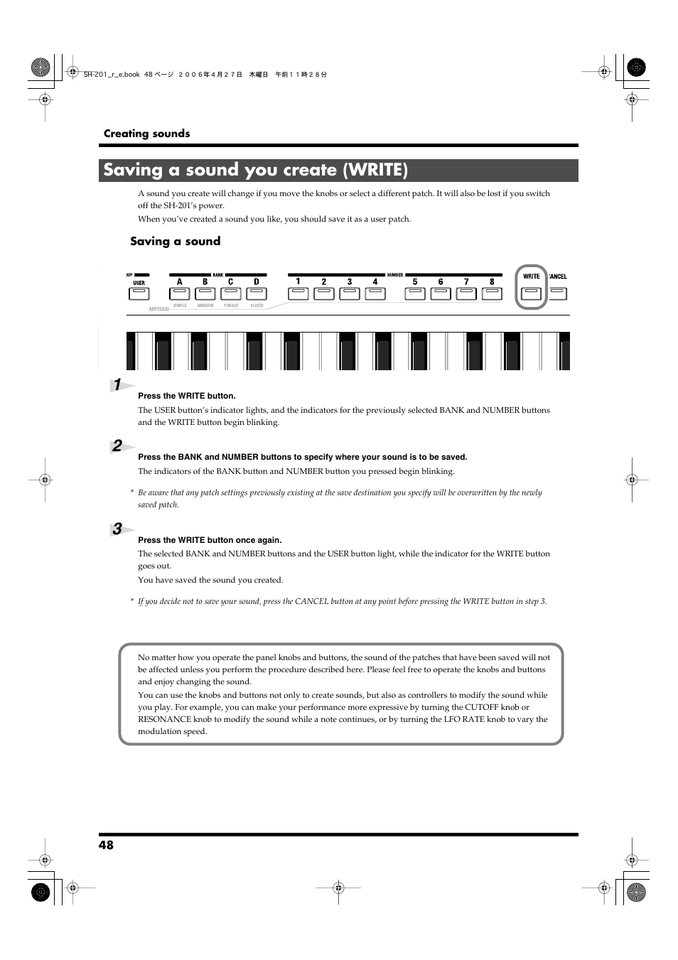 Saving a sound you create (write), Write button/cancel button (p. 48), P. 48) | Roland SH-201 User Manual | Page 48 / 84