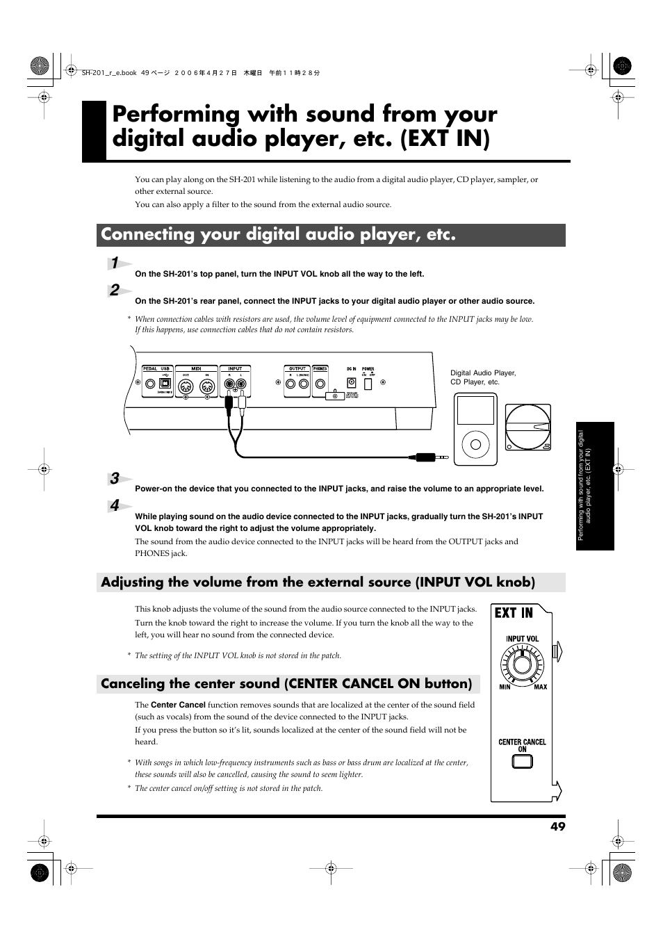 Connecting your digital audio player, etc, Ext in (p. 49), Input jacks (p. 49) | Roland SH-201 User Manual | Page 49 / 84