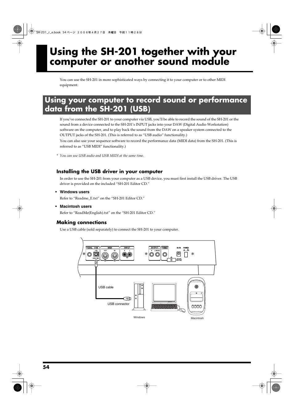 Usb connector (p. 54) | Roland SH-201 User Manual | Page 54 / 84